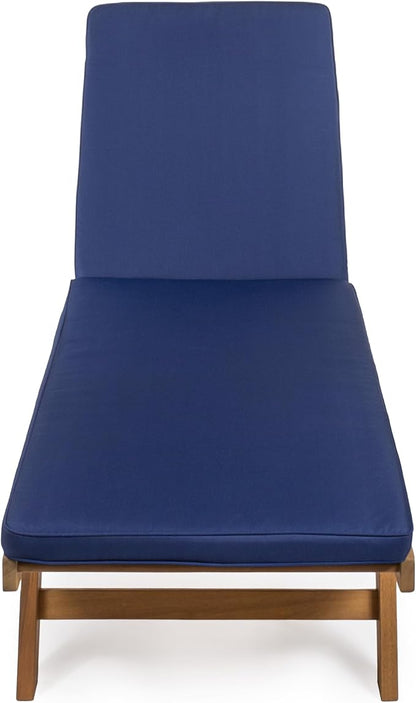 JONATHAN Y LNG1000B Mallorca 77.56"x23.62" Modern Classic Adjustable Acacia Wood Chaise Outdoor Lounge Chair with Cushion & Wheels Coastal, Bohemian, Minimalist, Traditional, Navy/Natural