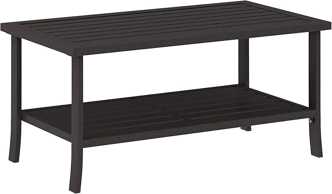 Kiss the Water Metal Outdoor Coffee Table, 2-Tier Storage Square Patio Side Table, All-Weather Coffee Side Table for Patio End Porch Backyard Garden, Khaki/Large