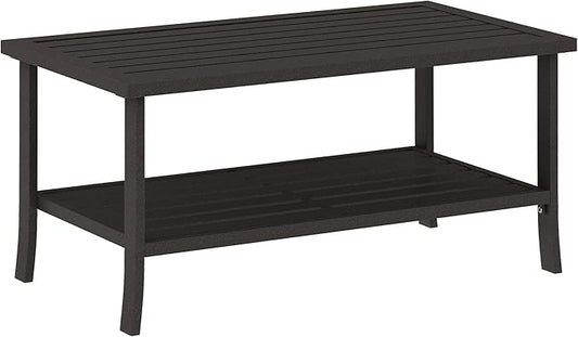 Kiss the Water Metal Outdoor Coffee Table, 2-Tier Storage Square Patio Side Table, All-Weather Coffee Side Table for Patio End Porch Backyard Garden, Khaki/Large