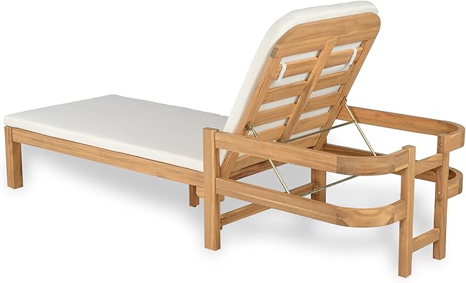 Christopher Knight Home Kayas Acacia Wood Chaise Lounge with Adjustable Backrest, 77.5" Outdoor Sun Lounger with Cushion, Patio Lounger Recliner Chair for Poolside Lawn, Light Teak+Cream, Set of 2