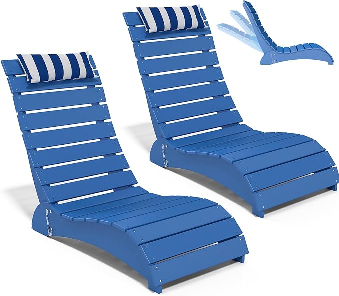 Pool Lounge Chairs Set of 2, HDPE Adjustable Chaise Chairs with Headrest, Weighted Fade-Resistant Pool Chairs and Lounger for Baja Ledge，Poolside and Deck, Navy Blue