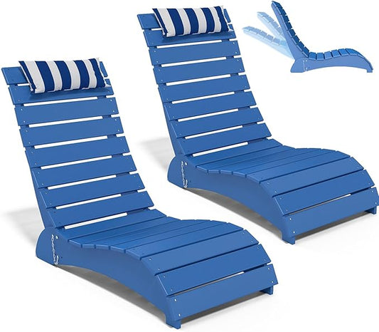 Pool Lounge Chairs Set of 2, HDPE Adjustable Chaise Chairs with Headrest, Weighted Fade-Resistant Pool Chairs and Lounger for Baja Ledge，Poolside and Deck, Navy Blue