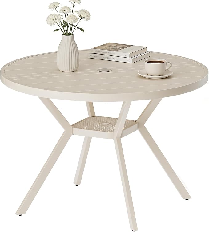 42" Outdoor Patio Table Dining Table, All Weather Metal Round Patio Table with Adjustable Umbrella Hole - Photo 1
