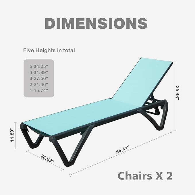 Outdoor Chaise Lounge 2 Pieces Aluminum Patio Lounge Chair with 5 Adjustable Position Recliner Chair Outside Tanning Chairs for Patio, Beach, Yard, Pool (Lake Blue)