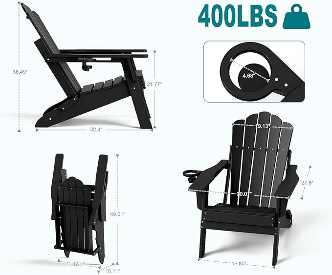 FOOWIN Adirondack Chair Set of 8, Folding HDPE Patio Chairs with Cup Holder, 400LBS Heavy Duty Commercial Fire Pit Seating for Resort, Hotel, Event, Large Deck, Black