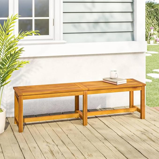 Outdoor Patio Bench Solid Acacia Wood Garden Seating 59.1 Inch Backyard Furniture Durable Weather Resistant for Porch Deck Indoor Use