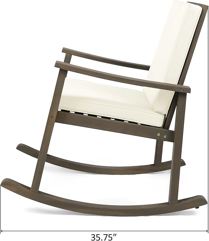 Outdoor Rocking Chair with Armrests and Cushions, Acacia Wood Structure, for Garden, Patio or Balcony, Cream+Grey - Photo 9