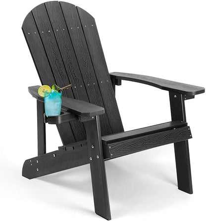 Adirondack Chair, All Weather Resistant Plastic Chairs with Cup Holder, 5 Easy Steps to Install, Outdoor Chairs for Patio, Garden, Backyard Deck, Lawn, Fire Pit - Black