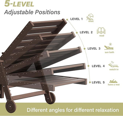 5-Position Adjustable Patio Chaise Lounge - 78'' HDPE Outdoor Lounger with Rolling Wheels & Cup Holder, Longer, Wider, Higher - Perfect for Poolside & Deck, Brown, 4pcs