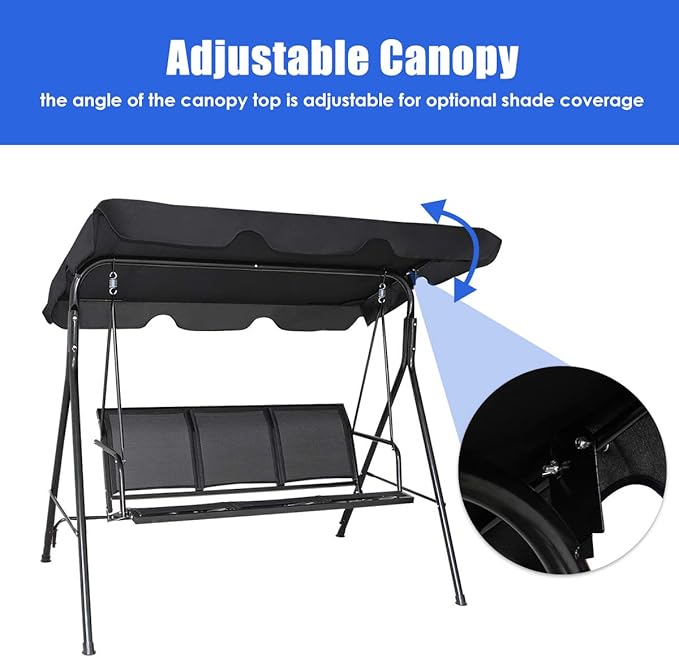 TANGKULA 3 Person Patio Swing, Steel Frame with Polyester Angle Adjustable Canopy, All Weather Resistant Swing Bench - Photo 9