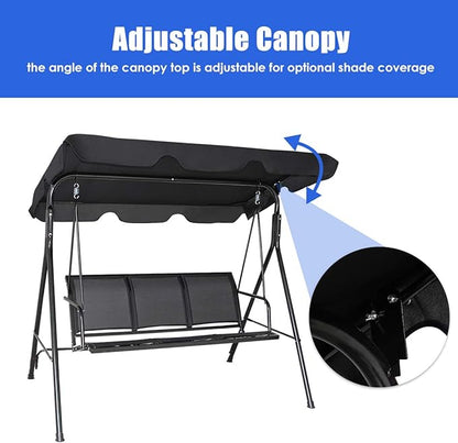 TANGKULA 3 Person Patio Swing, Steel Frame with Polyester Angle Adjustable Canopy, All Weather Resistant Swing Bench, Suitable for Patio, Garden, Poolside, Balcony (Black)