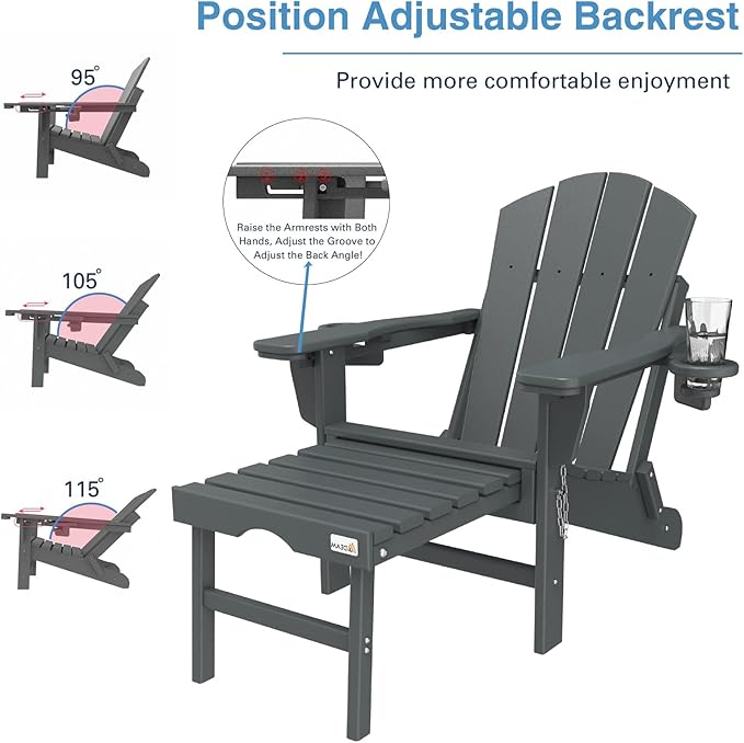 Mdeam 3-Level Adjustable Adirondack Chair with Retractable Ottoman, HDPE All-Weather Folding Fire Pit Chair with 2 Cup Holders, Outdoor Chair for Deck Patio Garden Backyard Lawn (Grey)
