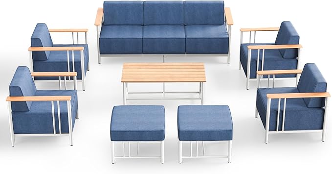 Patio Furniture Set of 8, with 10-inch Thick Cushion Outdoor Furniture Set of 8,Patio Chair Set with Sofa, Wood Grain - Photo 9