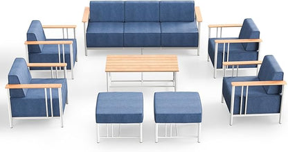 Patio Furniture Set of 8, with 10-inch Thick Cushion Outdoor Furniture Set of 8,Patio Chair Set with Sofa, Wood Grain armrests, trapezoidal backrest, Indoor/Outdoor Balcony Seating,White | Blue
