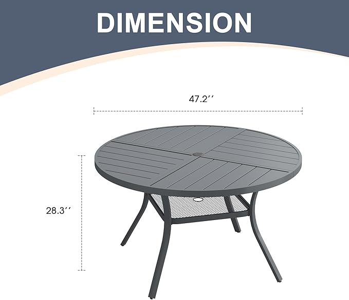 VICLLAX 47.2" Round Patio Dining Table for 4-6, All Weather Metal Outdoor Table with 1.57" Umbrella Hole and Storage Shelf for Garden Lawn Deck, Dark Grey