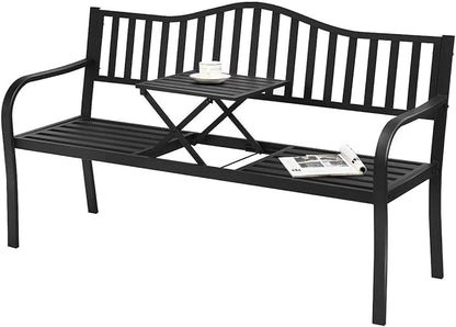 HAPPYGRILL Outdoor Garden Bench Metal Patio Loveseat Benches with Pullout Table for Yard Lawn Porch