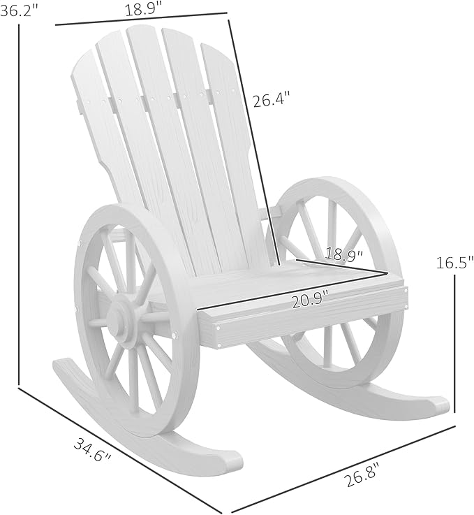 Outsunny Wooden Rocking Chair, Adirondack Rocker with Slatted Design and Oversized Back, Outdoor Rocking Chair with Wagon Wheel Armrest for Porch, Poolside, and Garden, White
