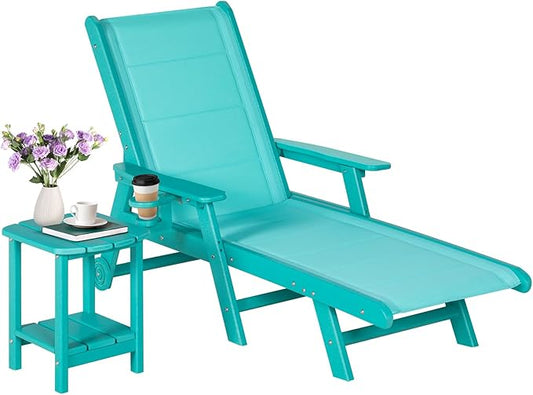 Outdoor Chaise Lounge Chair with Table, 5-Position Adjustable Patio Lounge Chair with Wheels & Cup Holder, HDPE Pool Lounge Chair for Outside, Poolside & Beach (Aruba)