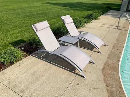 Domi Pool Lounge Chairs Set of 3, Adjustable Aluminum Outdoor Chaise Lounge Chairs with Metal Side Table, All Weather for Deck Lawn Poolside Backyard -Grey Textilene