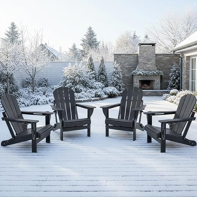 Folding Outdoor Adirondack Chairs Set of 4 with High&Reclining Back-HDPE Weather Resistant Patio Chairs with Cup and Phone Holder for Patio,Fire Pit, Garden and Backyard
