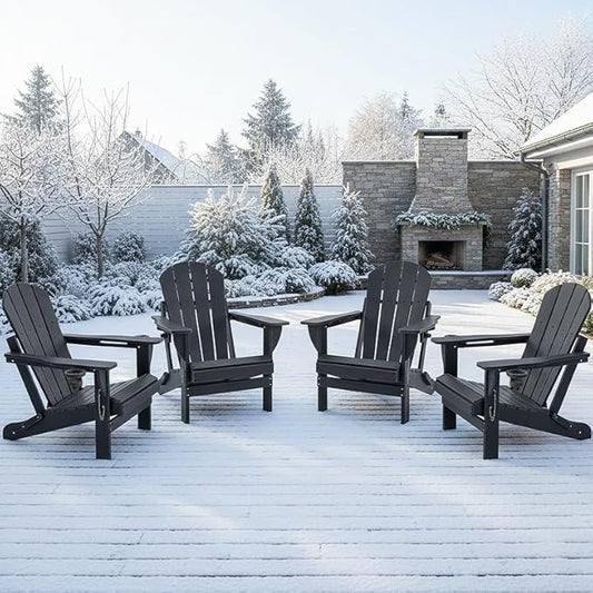 Folding Outdoor Adirondack Chairs Set of 4 with High&Reclining Back-HDPE Weather Resistant Patio Chairs with Cup and Phone Holder for Patio,Fire Pit, Garden and Backyard