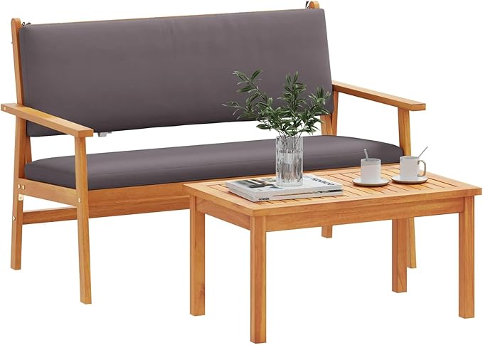 vidaXL Acacia Wood Outdoor Seating Set Includes 1 Bench and 2 Chairs with Cushions Weather Resistant Patio Furniture for Garden Balcony Durable Traditional Design Wooden Chair Cushioned