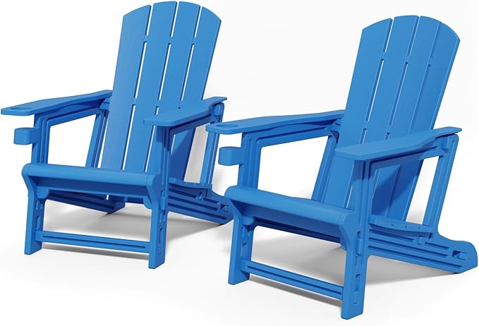 Adirondack Plastic Outdoor Patio Chair with Cup Holder Without Screws Install， Higher Back Weather Resistant Composite Adirondack Chairs for Backyard Lawn Beach Set of 2 Klein Blue