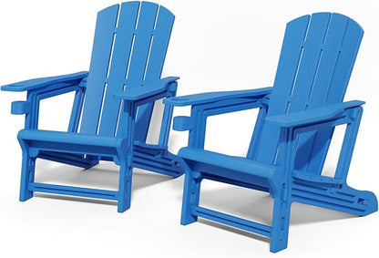 Adirondack Plastic Outdoor Patio Chair with Cup Holder Without Screws Install， Higher Back Weather Resistant Composite Adirondack Chairs for Backyard Lawn Beach Set of 2 Klein Blue