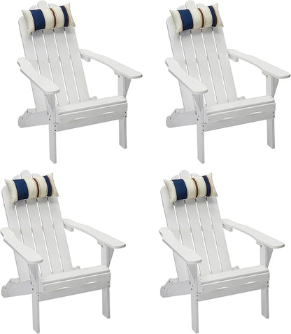 White Adirondack Chairs Set of 4 Outdoor Patio Folding Lounge Wood Outside Deck, Porch, Lawn, Pool, Yard, Garden, Fire Pit, Heavy Duty