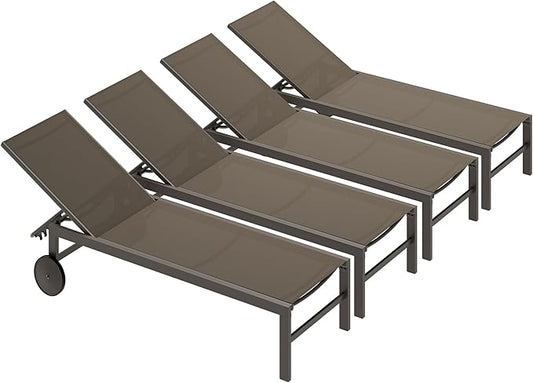 SUNLEI Lounge Chair for Outside Set of 4, Patio Chaise Lounge Outdoor w/ 5-Position Adjustable Backrest, Movable Pool Recliner Lounge Chairs, Tanning Chair for Patio, Khaki