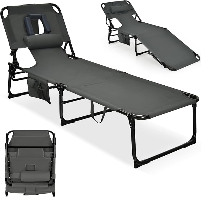 GYMAX Tanning Chair, Folding Lounger with Face/Arm Holes, Carry Handles & Side Pocket - Photo 1