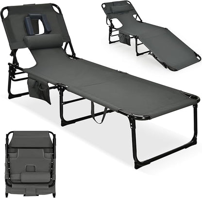 GYMAX Tanning Chair, Folding Lounger with Face/Arm Holes, Carry Handles & Side Pocket, Portable Lightweight Layout Beach Chair for Outdoor/Indoor, Face Down Sun Lounger (1, Grey)