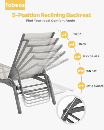 Outdoor Chaise Lounge Chair Set of 2, 5-Position Adjustable Patio Lounge Chair with Aluminum Frame, Textilene Fabric Pool Loung Chairs for Poolside, Deck, Backyard (Khaki)