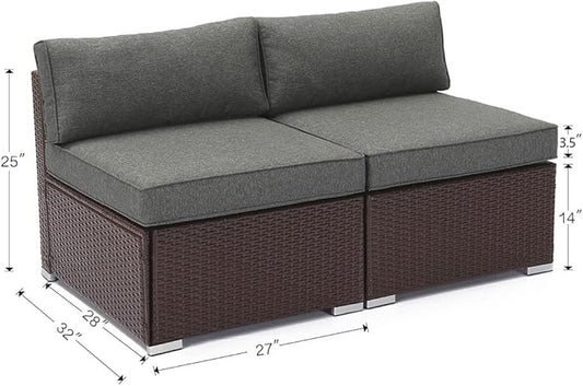 COSIEST 2-Piece Outdoor Furniture Add-on Armless Chairs for Expanding Chocolate Brown Wicker Sectional Sofa Set w Dark Grey Thick Cushions for Garden, Pool, Backyard