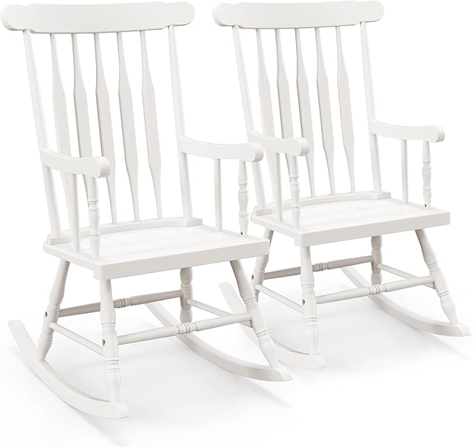 Tangkula Patio Rocking Chair Solid Rubber Wood, Outdoor Porch Rocker Chair with Rubber Wood Frame, Indoor Wooden Rocking Chair, Ideal for Garden, Backyard & Balcony (2, White)