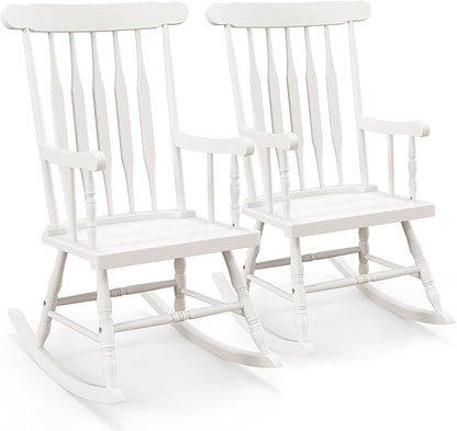 Tangkula Patio Rocking Chair Solid Rubber Wood, Outdoor Porch Rocker Chair with Rubber Wood Frame, Indoor Wooden Rocking Chair, Ideal for Garden, Backyard & Balcony (2, White)