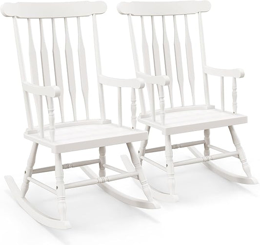 Tangkula Patio Rocking Chair Solid Rubber Wood, Outdoor Porch Rocker Chair with Rubber Wood Frame, Indoor Wooden Rocking Chair, Ideal for Garden, Backyard & Balcony (2, White)