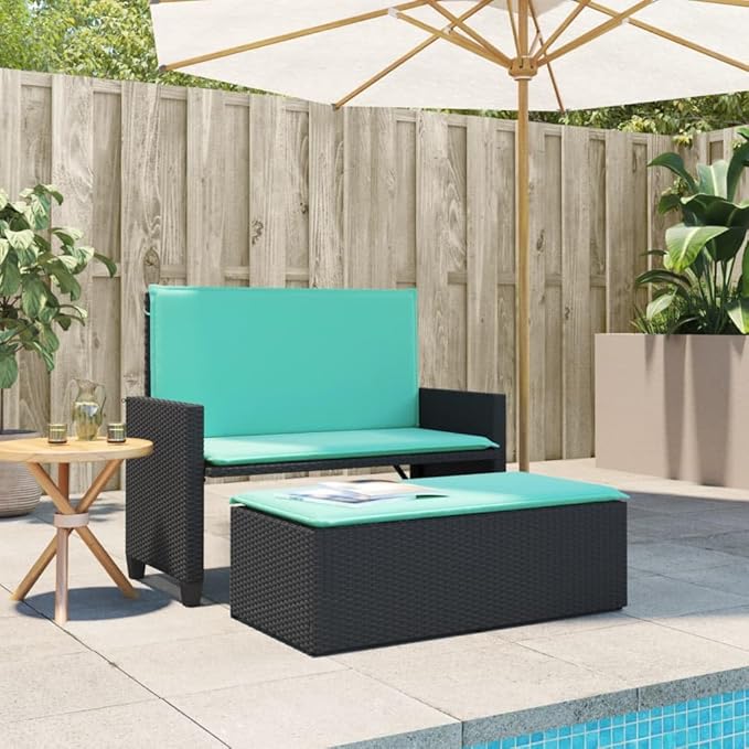 Garden Bench Deck Bench Patio Bench with Cushions and Footstool Black Poly Rattan - Photo 3