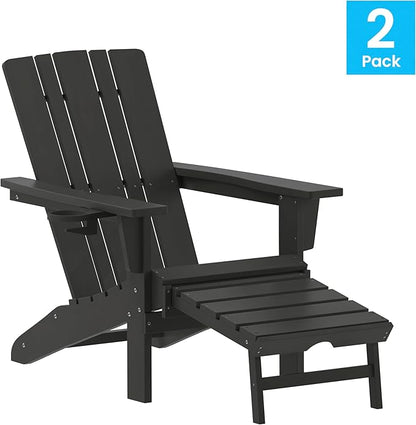 Flash Furniture Halifax Poly Resin Adirondack Chair with Cup Holder and Pull Out Ottoman, All-Weather Poly Resin Indoor/Outdoor Lounge Chair, Set of 2, Black