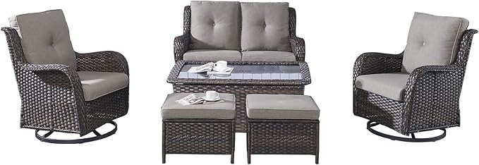 Rilyson Wicker Patio Furniture Set - 6 Piece Rattan Outdoor Sectional Conversation Sets with 2 Swivel Rocking Chairs - Photo 1