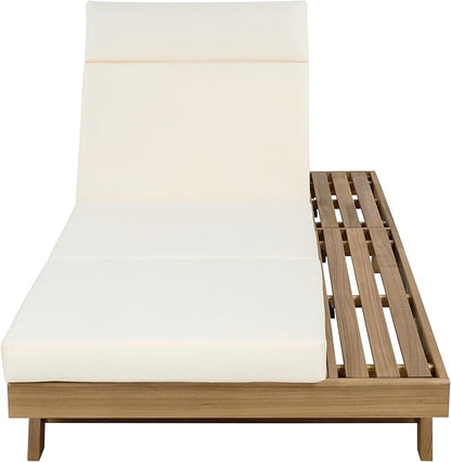 Christopher Knight Home Dami Chaise Lounge Chair Outdoor with 4'' Foldable Cushion, Acacia Wood Poolside Sun Lounger, Space Available On One Side, Adjustable Backrest Pool Lounger, Light Brown+Beige