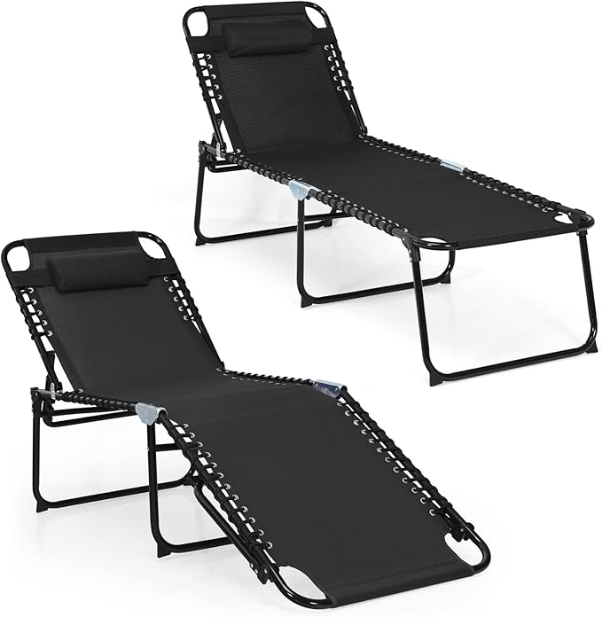 Giantex Patio Chaise Lounge Chair - 16” High Folding Tanning Chair with Removable Headrest, 4-Gear Backrest, 2-Position Anti-Skid Foot-Pads, Sunbathing Beach Chair, Set of 2 Camping Cot, Black