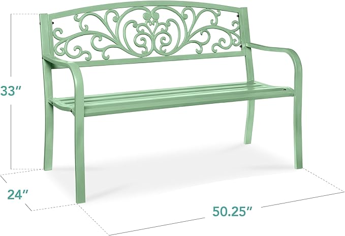 Best Choice Products Outdoor Bench Steel Garden Patio Porch Furniture for Lawn, Park, Deck w/Floral Design Backrest - Photo 2