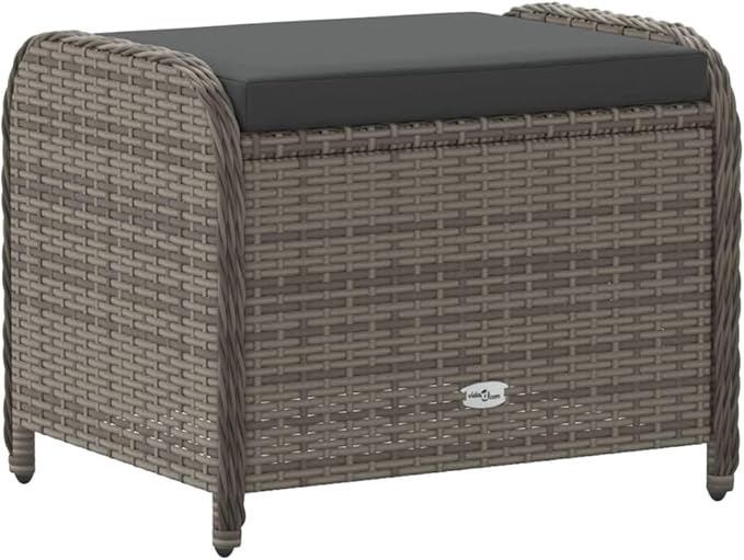 vidaXL Gray Poly Rattan Patio Stool with Cushion - Removable Cover, Weather-, Powder-Coated Steel Frame - 22.8" x 18.1" x 18.1" Outdoor Seating for Garden, Patio, Deck