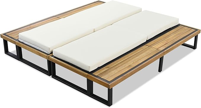 Merax Set of 2 Outdoor Chaise Lounge Chair Sofa, Couch with 5-Position Adjustable Backrest, Reclining with Cushion, Patio Lounger with Wood Side Table, Beige