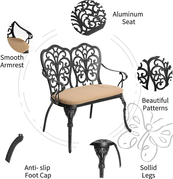 Patio Aluminum Outdoor Bench with Soft Cushion, Garden Metal Loveseat Furniture, Vintage Carving Antique Black Front Porch Chair Seat