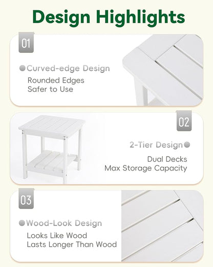 Kibaso-Adirondack Outdoor Side Table, 2-Tier HDPE Outdoor End Table, Weather Resistant Easy Maintenance, Small Patio Side Table for Patio, Pool, Porch, Garden, Lawn, and Living Room (2, White)