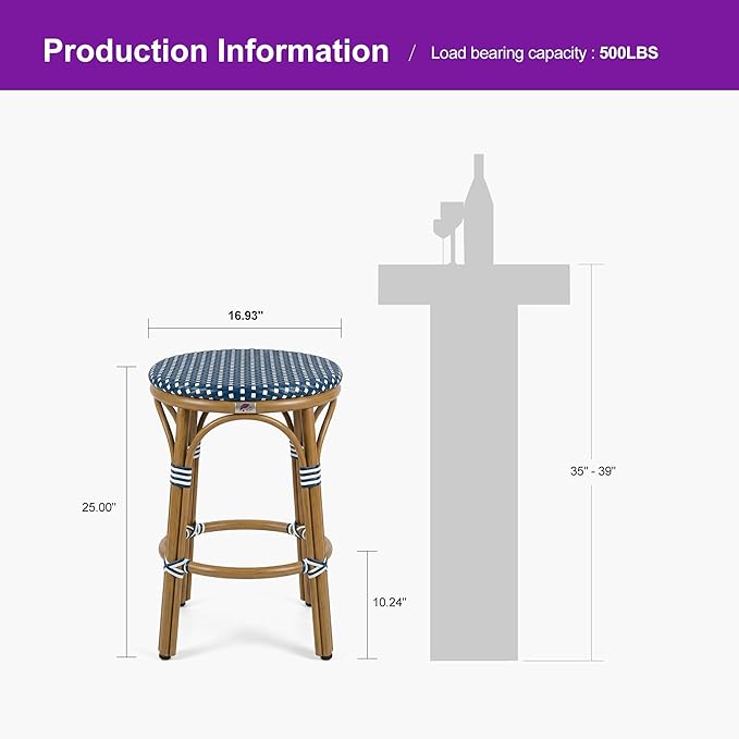 PURPLE LEAF French Patio Round 26" Counter Stool Set of 2 Large Handwoven Wicker Rattan Seat Armless Barstools with - Photo 2