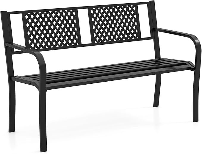 Tangkula Metal Outdoor Garden Bench, 50 Inches Patio Bench with Patterned Backrest and Curved Armrests, 2-3-Person Outside Bench, Heavy-Duty Metal Loveseat Chair for Porch, Lawn & Yard