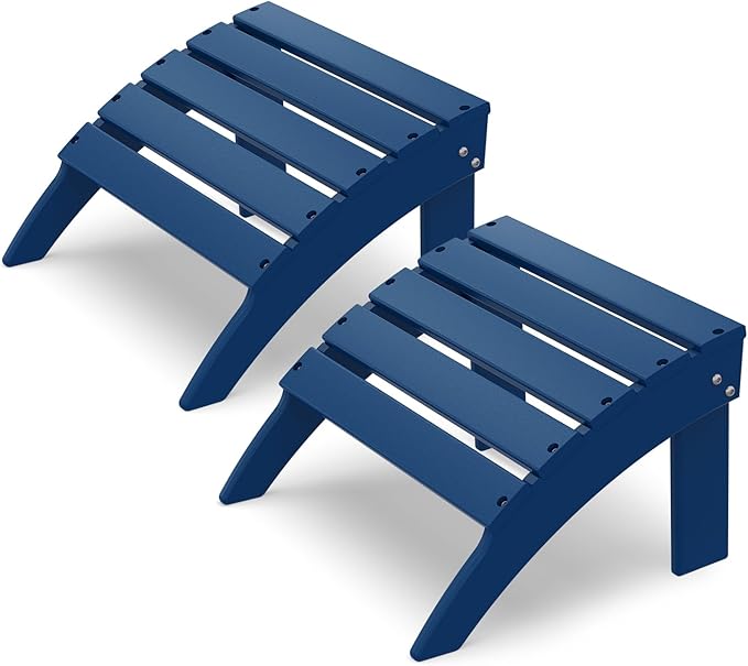 IVY&LANE Outdoor Adirondack Ottoman | Folding | Set of 2 | HDPE | Blue | All Weather | Waterproof Patio Footrest for Adirondack Chair | Poly Lumber Foot Rest for Deck Backyard
